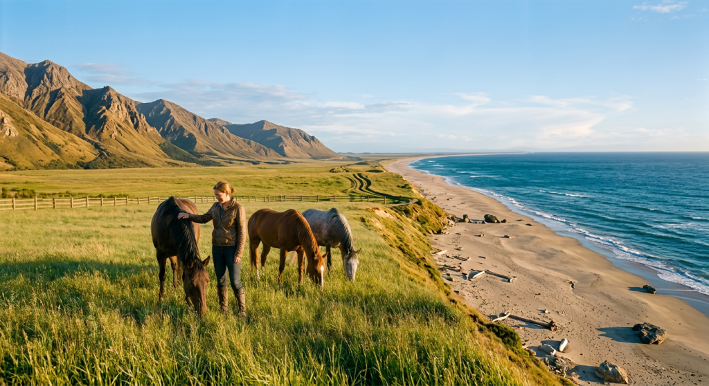 Woman with three horses grazing on a grassy cliff overlooking a beach and ocean